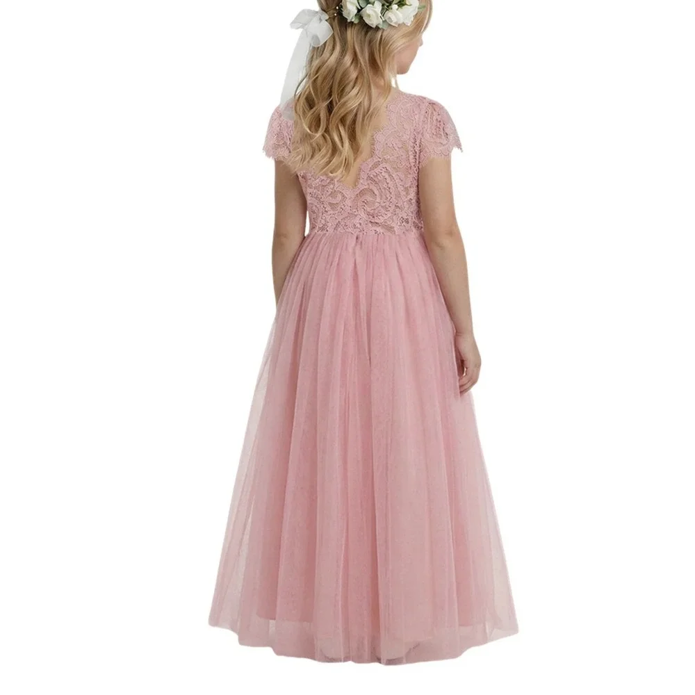 2Bunnies Girls 7/8 yr Paisley Lace Tulle Short Sleeve Maxi Flower Girl Dress NEW